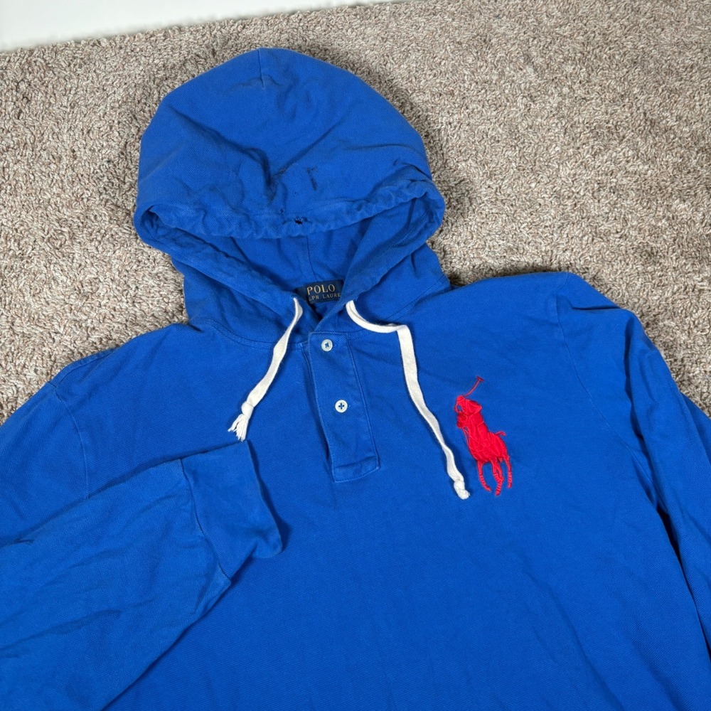 Polo Ralph Lauren Mens XL Blue Long Sleeve Big Pony Hooded Henley Shirt 3 Patch